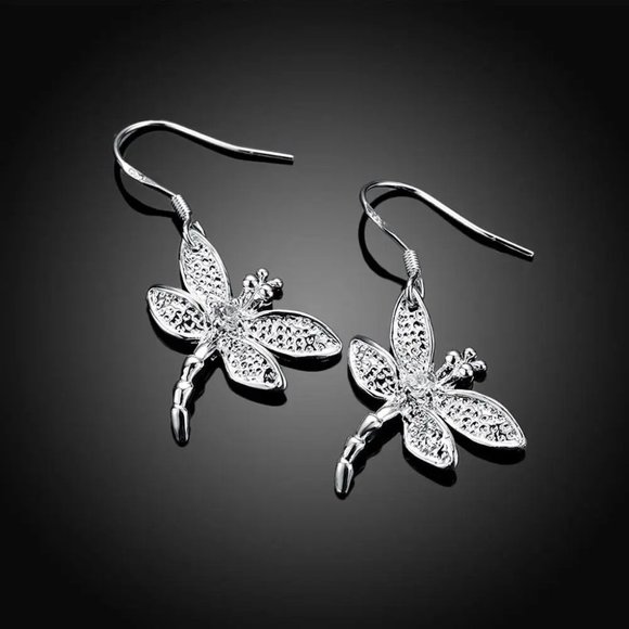 Gorgeous Crystal Dragonfly Hanging Earring's Solid Sterling Silver - Picture 1 of 9